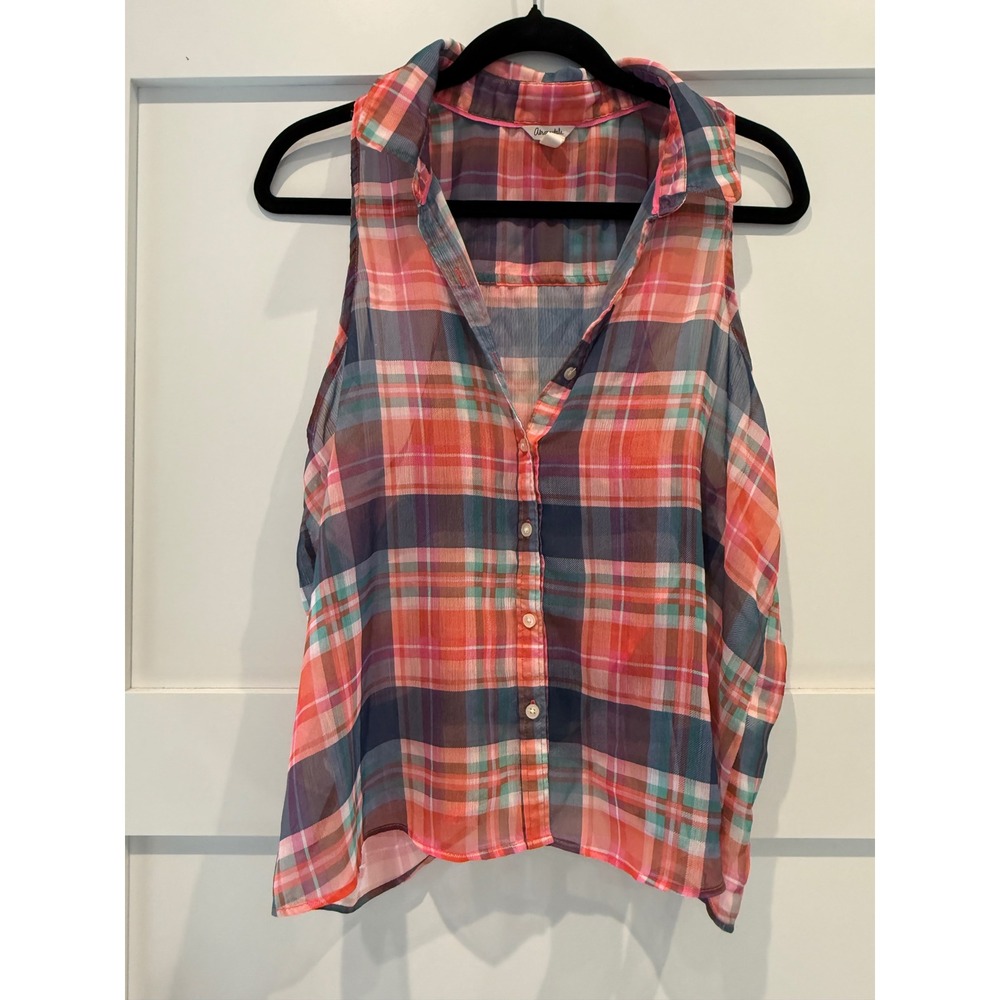 Aeropostale Womens Large Plaid Sheer Sleeveless Button Down Split Back Top Pink